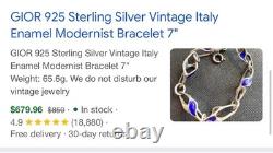 Rare GIOR 925 Sterling Silver Vintage Italy Blue Enamel Modernist Bracelet