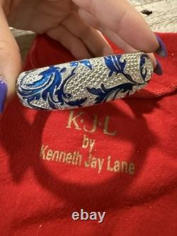 Rare! Kenneth J Lane Silver Tone Blue Enamel Leaf Motif 7 Bangle Bracelet #4516