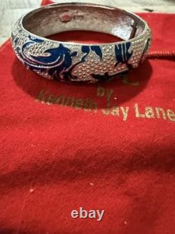 Rare! Kenneth J Lane Silver Tone Blue Enamel Leaf Motif 7 Bangle Bracelet #4516