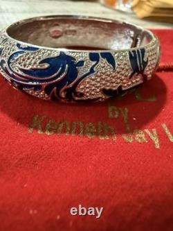 Rare! Kenneth J Lane Silver Tone Blue Enamel Leaf Motif 7 Bangle Bracelet #4516