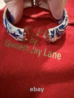 Rare! Kenneth J Lane Silver Tone Blue Enamel Leaf Motif 7 Bangle Bracelet #4516