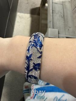 Rare! Kenneth J Lane Silver Tone Blue Enamel Leaf Motif 7 Bangle Bracelet #4516