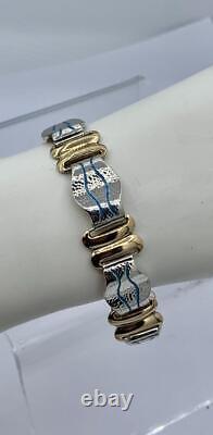 Rare Modernist Art Nouveau Bracelet Blue Enamel Silver 14 Karat Gold Barcelona