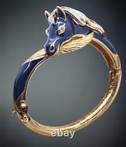 Rare Panetta Blue Enamel and Goldtone Crystal Horse Head Hinged Bracelet