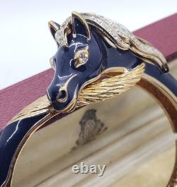Rare Panetta Blue Enamel and Goldtone Crystal Horse Head Hinged Bracelet