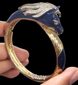 Rare Panetta Blue Enamel and Goldtone Crystal Horse Head Hinged Bracelet