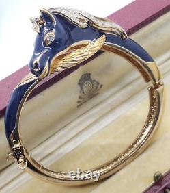 Rare Panetta Blue Enamel and Goldtone Crystal Horse Head Hinged Bracelet