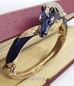 Rare Panetta Blue Enamel and Goldtone Crystal Horse Head Hinged Bracelet