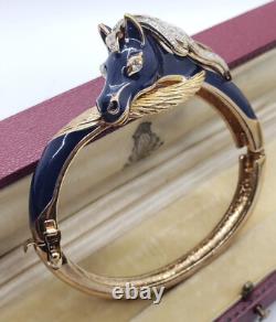Rare Panetta Blue Enamel and Goldtone Crystal Horse Head Hinged Bracelet