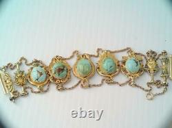 Rare Vinage Lg 14k Solid Gold Enamel Egyptian Turquoise Beetle Scarab Bracelet