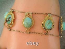 Rare Vinage Lg 14k Solid Gold Enamel Egyptian Turquoise Beetle Scarab Bracelet