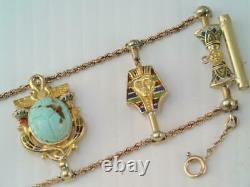 Rare Vinage Lg 14k Solid Gold Enamel Egyptian Turquoise Beetle Scarab Bracelet