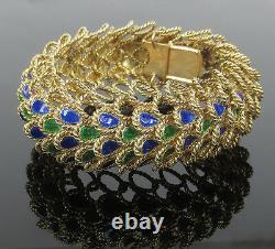 Rare Vintage Blue & Green Enamel 14K Yellow Gold Wide Rope Bracelet