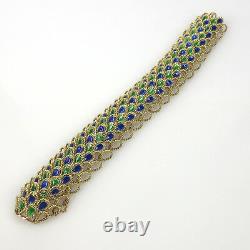 Rare Vintage Blue & Green Enamel 14K Yellow Gold Wide Rope Bracelet