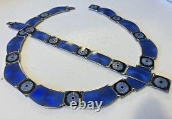 Rare Vintage Sterling Silver Blue Enamel Necklace 16 & Bracelet 7 Set, Signed