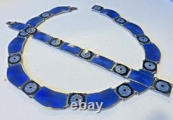 Rare Vintage Sterling Silver Blue Enamel Necklace 16 & Bracelet 7 Set, Signed