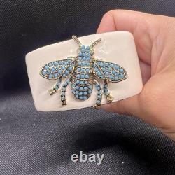 Rare Vtg Kenneth Jay Lane White Enamel Hinged Blue Turquoise Bee Cuff Bracelet