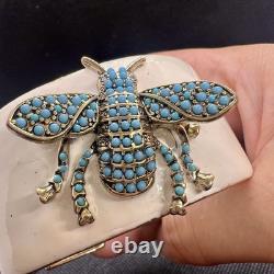Rare Vtg Kenneth Jay Lane White Enamel Hinged Blue Turquoise Bee Cuff Bracelet