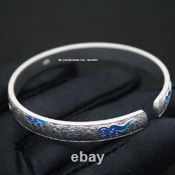 Real Fine Silver S999 Women's Blue Enamel Ruyi Cloud Open Size Bangle Bracelet