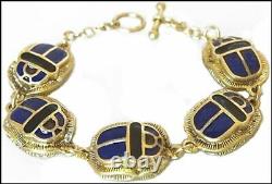 Reproduction of the Egyptian 5-scarab Bracelet 24 Kt. Gold Plate over Enamel