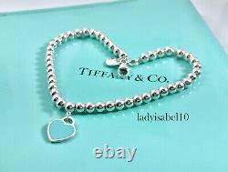 Return To Tiffany & Co 7 Silver Blue Enamel Heart Mini Bead Bracelet w Pouch 21