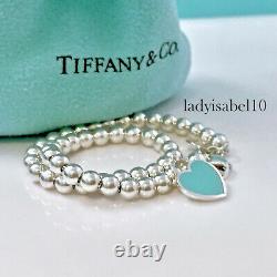 Return To Tiffany & Co 7 Silver Blue Enamel Heart Mini Bead Bracelet w Pouch 21