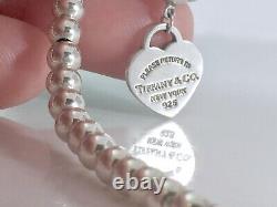 Return To Tiffany & Co 7 Silver Blue Enamel Heart Mini Bead Bracelet w Pouch 21