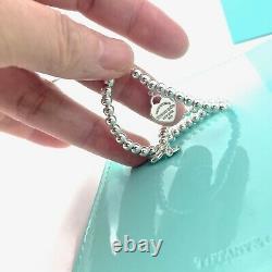 Return To Tiffany & Co 7 Silver Blue Enamel Heart Mini Bead Bracelet w Pouch 21