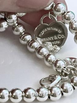 Return To Tiffany & Co 7 Silver Blue Enamel Heart Mini Bead Bracelet w Pouch 21