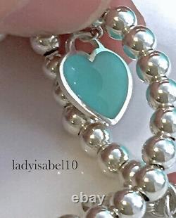 Return To Tiffany & Co 7 Silver Blue Enamel Heart Mini Bead Bracelet w Pouch 21