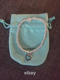 Return To Tiffany & Co Blue Enamel Heart Tag Bead Ball Silver Bracelet 16.5cm