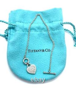 Return To Tiffany & Co Silver Blue Enamel Heart Charm Toggle 6.25 Bracelet Rare