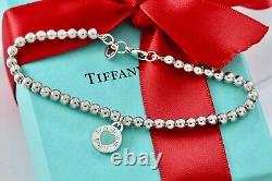 Return To Tiffany & Co. Silver Blue Enamel Heart Round Tag Beaded 7.25 Bracelet