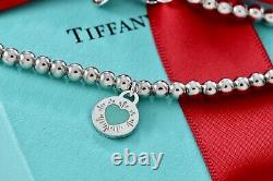 Return To Tiffany & Co. Silver Blue Enamel Heart Round Tag Beaded 7.25 Bracelet