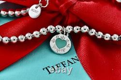 Return To Tiffany & Co. Silver Blue Enamel Heart Round Tag Beaded 7.25 Bracelet