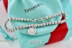 Return To Tiffany & Co. Silver Blue Enamel Heart Round Tag Beaded 7.25 Bracelet