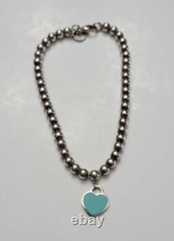 Return To Tiffany Co. Sterling Silver Blue Enamel Heart Beaded Bracelet 7