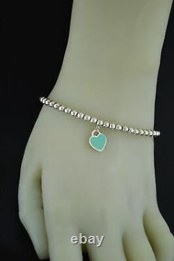 Return To Tiffany & Co Sterling Silver Blue Enamel Heart Tag 4mm Bead Bracelet