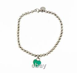 Return To Tiffany & Co Sterling Silver Blue Enamel Heart Tag 4mm Bead Bracelet