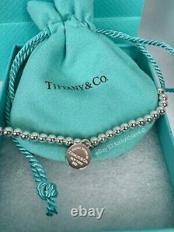 Return To Tiffany round tag with blue enamel heart Silver Bead Bracelet 7in New