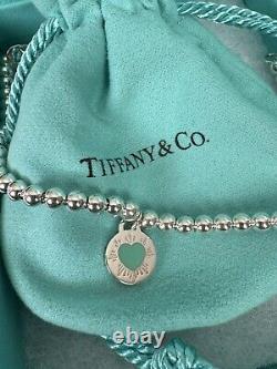 Return To Tiffany round tag with blue enamel heart Silver Bead Bracelet 7in New