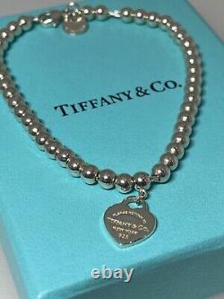 Return to Tiffany (T&Co) Blue Heart Tag Bead Bracelet, 925 Sterling Silver