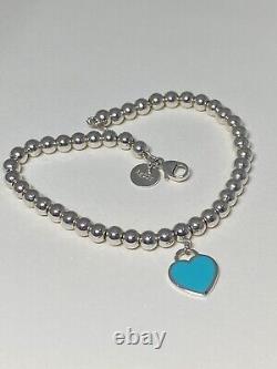 Return to Tiffany (T&Co) Blue Heart Tag Bead Bracelet, 925 Sterling Silver