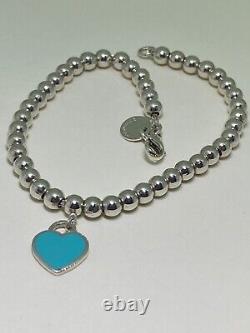 Return to Tiffany (T&Co) Blue Heart Tag Bead Bracelet, 925 Sterling Silver