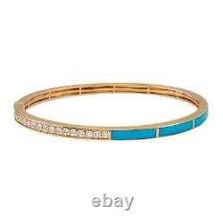 Round Cut Diamond & Blue Enamel Bangle Bracelet 18K Yellow Gold 0.73Cttw