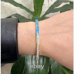 Round Cut Diamond & Blue Enamel Bangle Bracelet 18K Yellow Gold 0.73Cttw