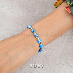 Round H/SI Pave Diamond Cowry Charm Bracelet Blue Enamel 10k White Gold 1.90Ct