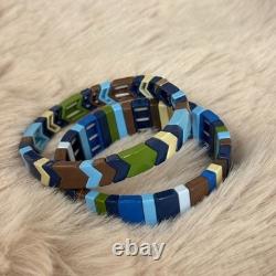 Roxanne Assoulin Enamel Tile Stretch Bracelet Set of 2 Navy Blue Chevron Gold