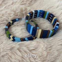 Roxanne Assoulin Enamel Tile Stretch Bracelet Set of 2 Navy Blue Chevron Gold