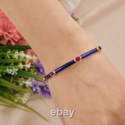 Ruby Gemstone Bangle 18k Yellow Gold Bracelet Blue Enamel July Birthstone 2.35Ct